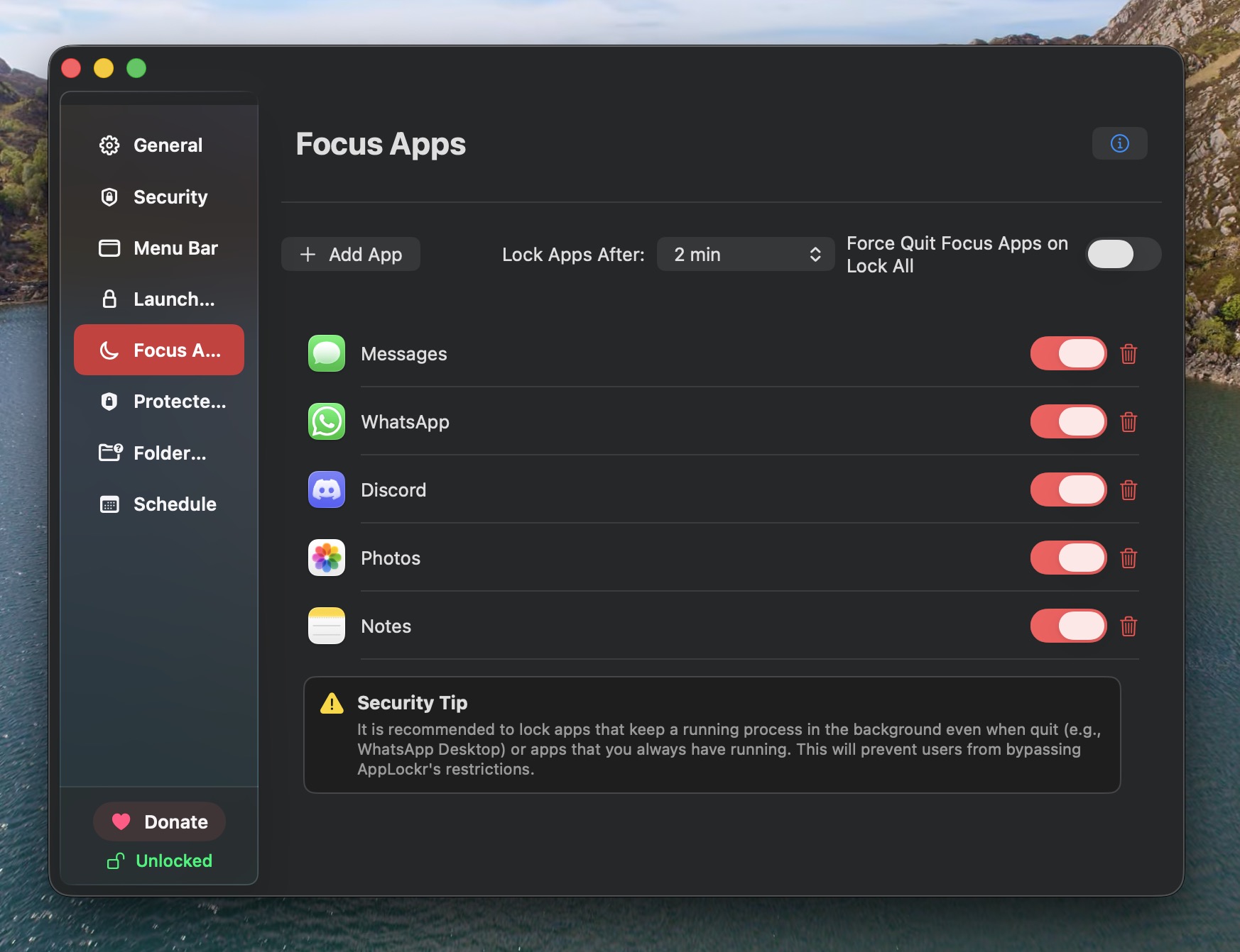 AppLockr configuration screen for folder locking and access rules